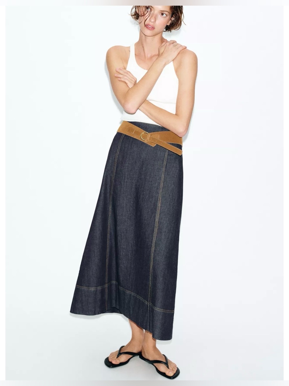 ❗️LAST DAY 8/29❗️ ok Zara Dark Denim Wrap Midi Skirt with Tan Belt